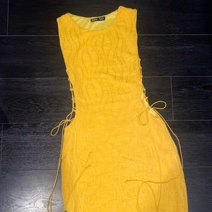 yellow medium side tied embroidered dress from shein